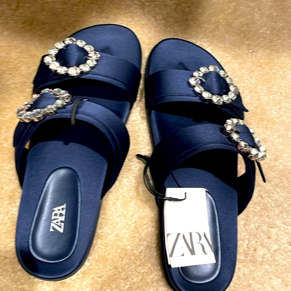 Zara Shoes - Zara NWT navy sandals with rhinestone buckle